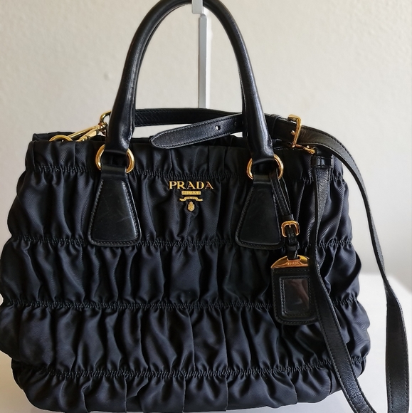 Prada Handbags - Prada Ruched Nylon/ Leather 2 Way Shoulder Bag Black